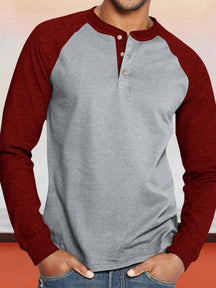 Color Blocking Round Neck Button Long Sleeve Henley Shirt T-Shirt coofandystore Red M 