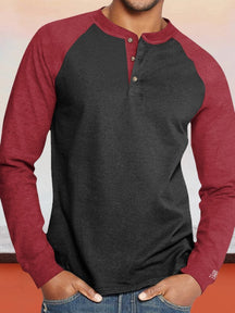 Color Blocking Round Neck Button Long Sleeve Henley Shirt T-Shirt coofandystore Black-Red M 