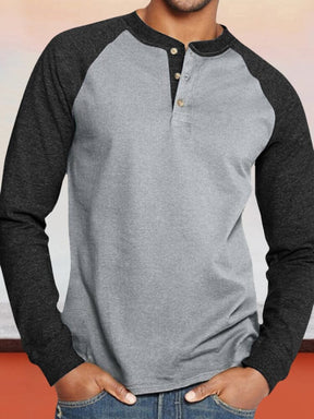 Color Blocking Round Neck Button Long Sleeve Henley Shirt T-Shirt coofandystore Grey-Black M 