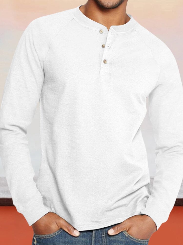 Color Blocking Round Neck Button Long Sleeve Henley Shirt T-Shirt coofandystore White M 