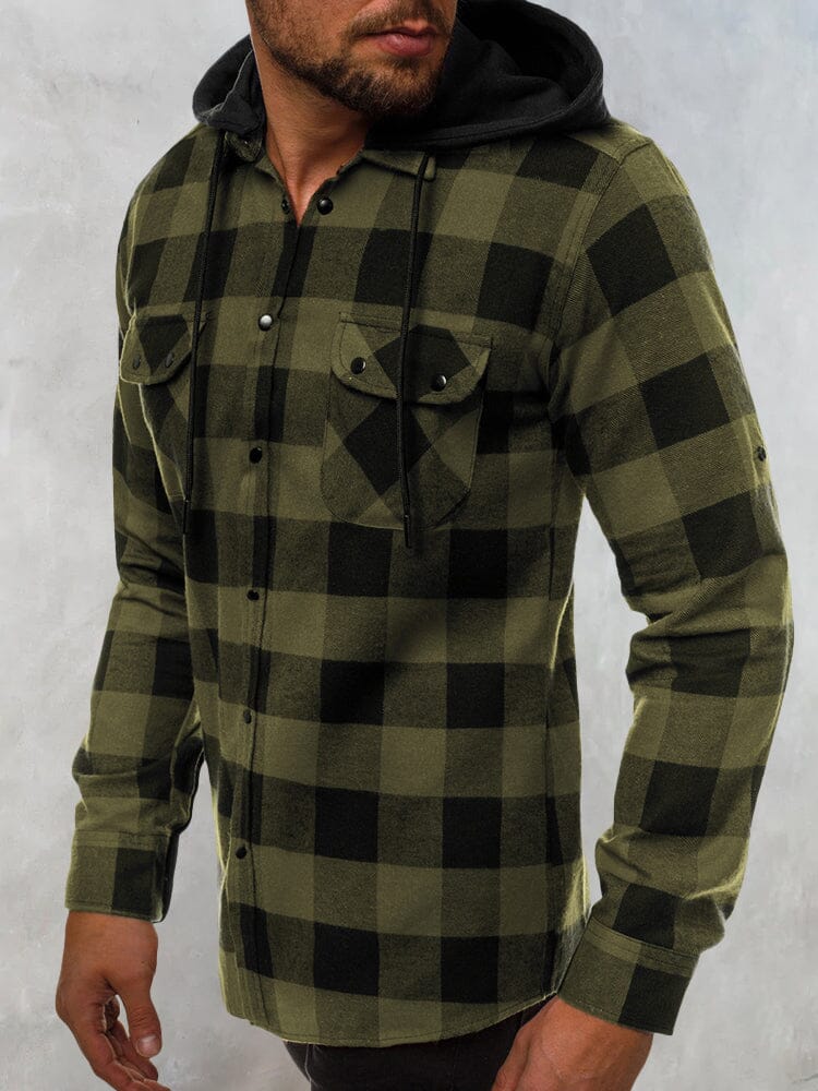 Plaid Removable Hooded Flannelette Long Sleeve Shirt with Pocket Shirts & Polos coofandystore Army Green M 