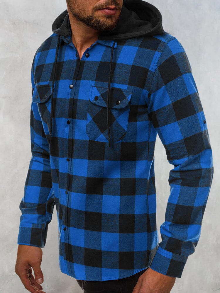 Plaid Removable Hooded Flannelette Long Sleeve Shirt with Pocket Shirts & Polos coofandystore Navy Blue M 