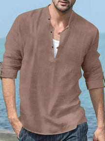 Linen Henry Long-sleeved Beach Shirt Shirts coofandystore Brown S 