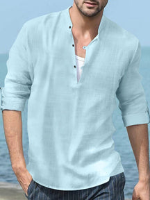Linen Henry Long-sleeved Beach Shirt Shirts coofandystore Blue S 