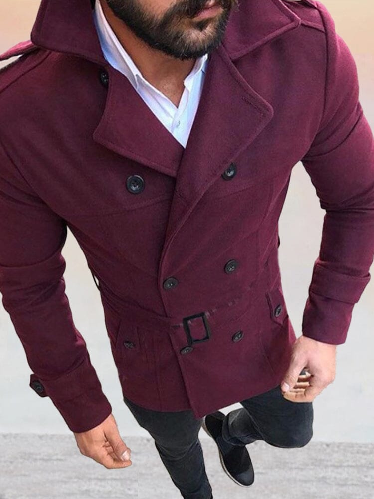 Lapel Neck Double-Breasted Coat with Belt Coat coofandystore Wine Red S 