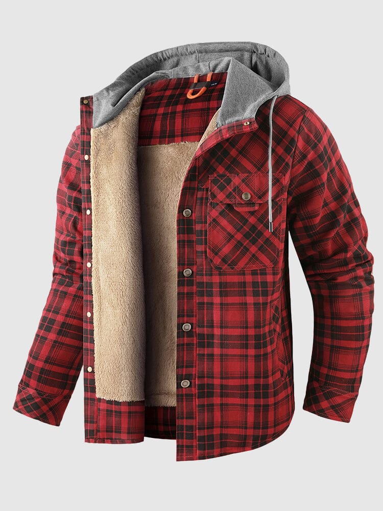 Thickened Hooded Plaid Flannelette Long-sleeved Jacket Coat coofandystore Red S 