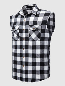 Casual Flannelette Plaid Sleeveless Cotton Vest Shirts & Polos coofandystore Black 2 S 