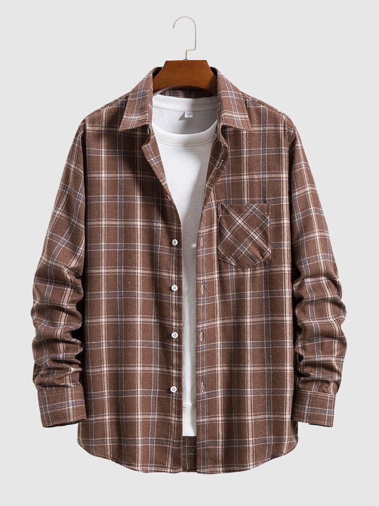 Plaid Fashion Loose Size Flannelette Shirt Coat coofandystore Brown XS 