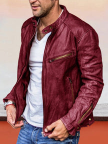 Solid Color Zipper PU Leather Jacket Jackets coofandystore Wine Red S 
