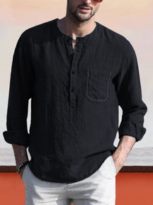 Linen Style Henley Shirt With Pocket Shirts coofandystore Black S 
