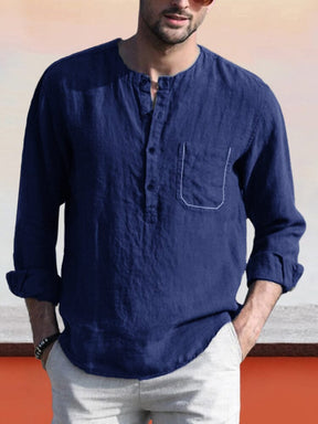 Linen Style Henley Shirt With Pocket Shirts coofandystore Blue S 