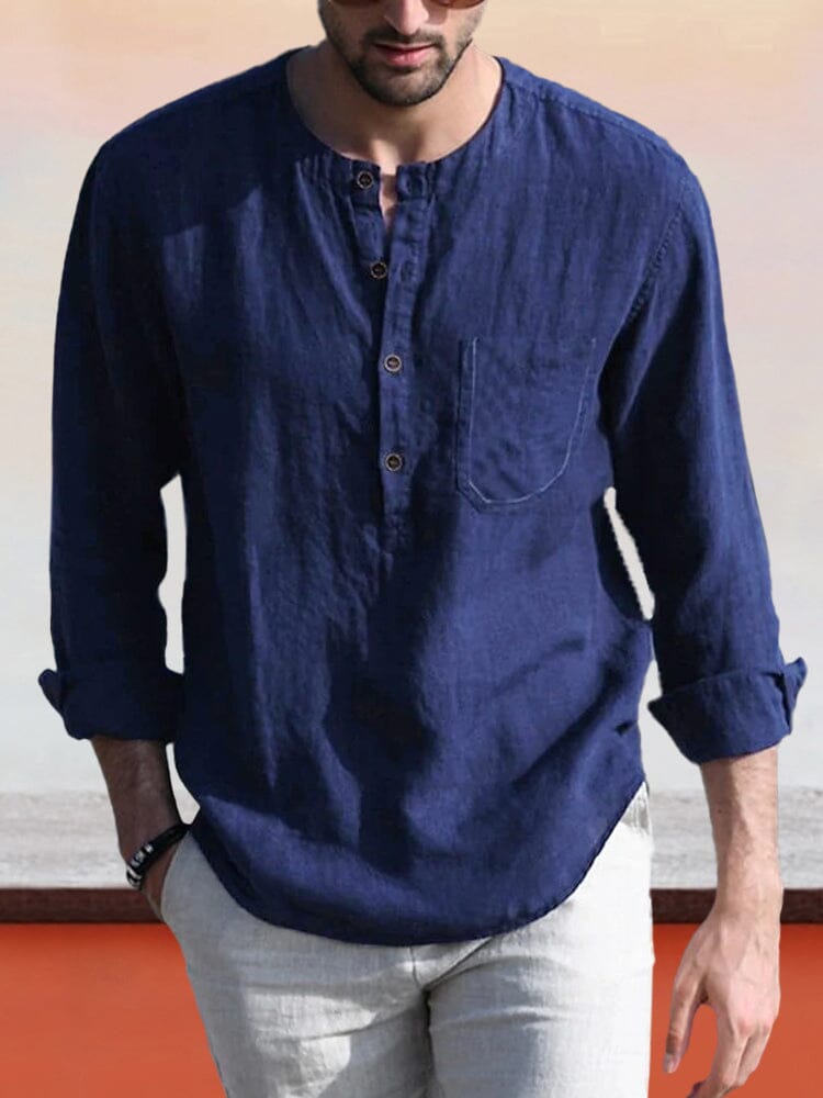 Linen Style Henley Shirt With Pocket Shirts coofandystore 