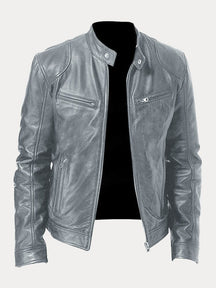 Stand Collar Zipper Cardigan Pocket PU Leather Jacket Jackets coofandystore Grey S 