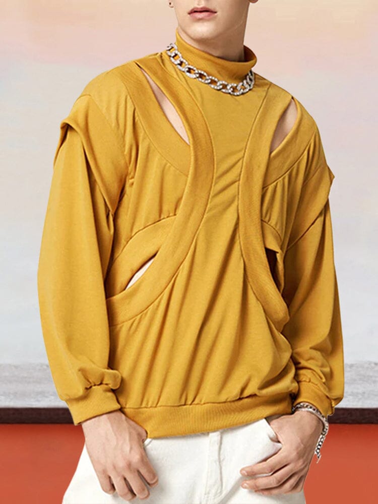 Stand Collar Hollow Out Long Sleeve T-Shirt T-Shirt coofandystore Yellow S 