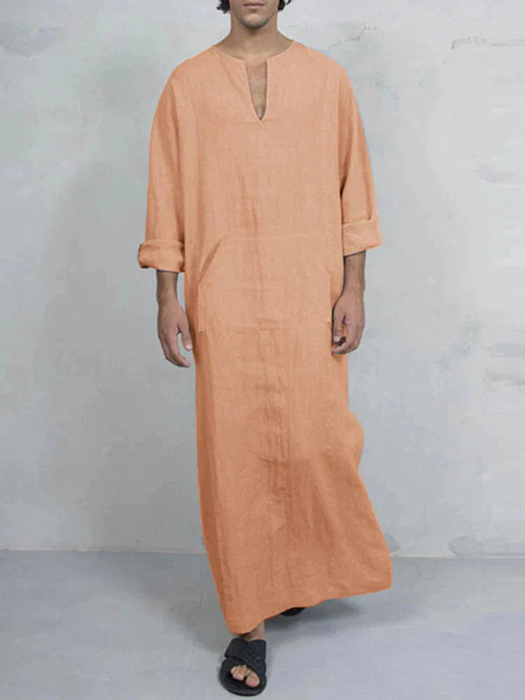 Linen One-Piece Hexagonal Pocket Long Shirt Robe coofandystore Orange S 