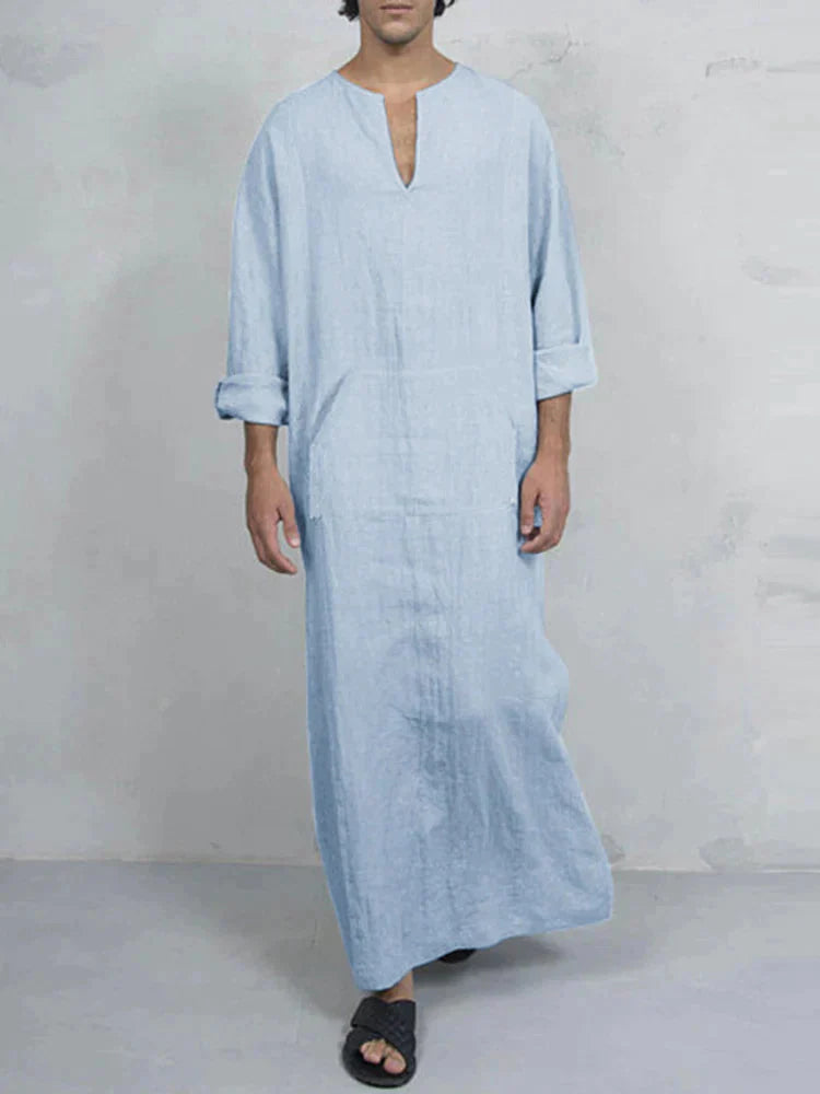 Linen One-Piece Hexagonal Pocket Long Shirt Robe coofandystore Clear Blue S 