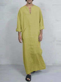 Linen One-Piece Hexagonal Pocket Long Shirt Robe coofandystore Yellow S 