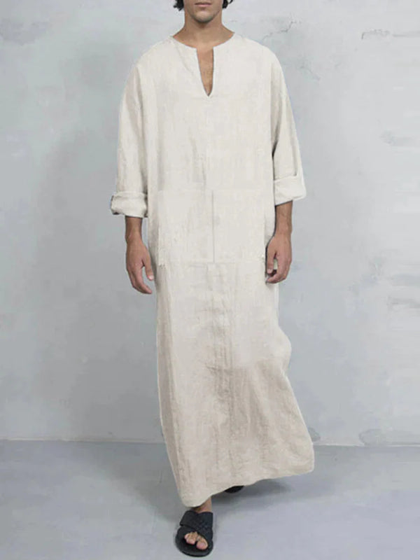Linen One-Piece Rectangle Pocket Long Shirt Robe coofandystore White S 