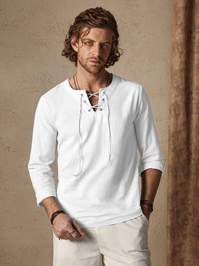 Linen Style Casual Solid Lace Up Shirt Shirts coofandystore White S 