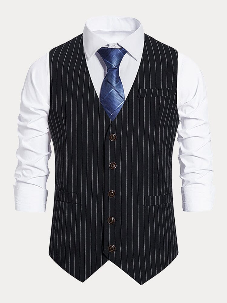 Slim Button Stripe Suit Vest Vest coofandystore Black S 