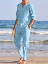 Casual Cotton and Linen Shirt Set Sets coofandystore Sky Blue S 