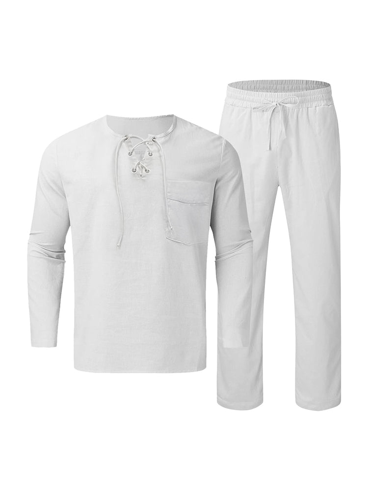 Solid Color Long Sleeve Casual Cotton Linen Suit