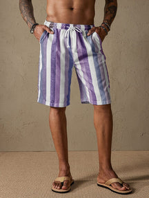 Stripe Drawstring Cotton Linen Beach Shorts Shorts coofandystore Lavender S 