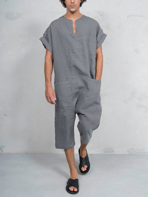 Short Sleeve Cotton Linen Jumpsuit Jumpsuit coofandystore Light Grey M 