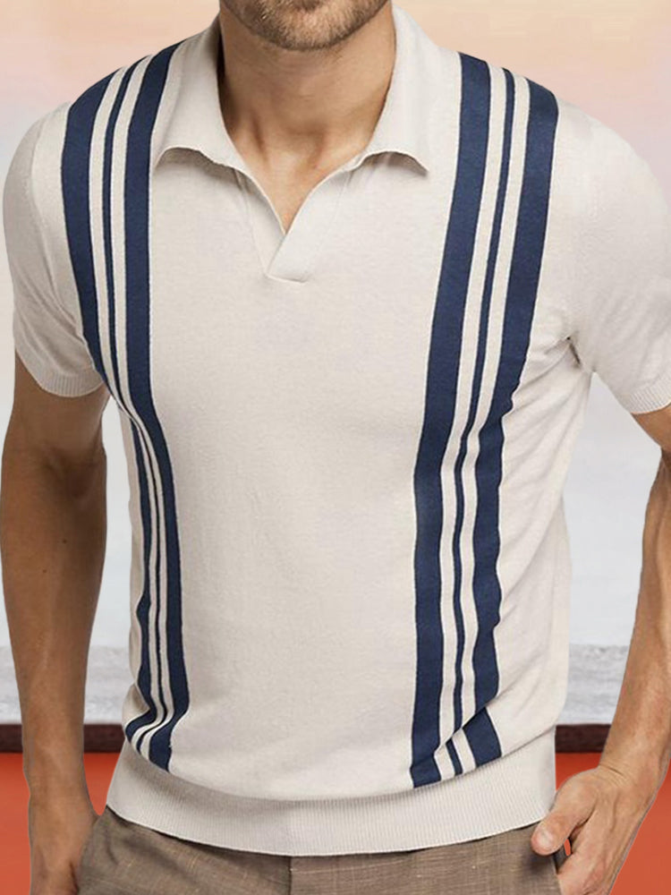 Stripe Shirt Sleeves Knitted Polo Shirt