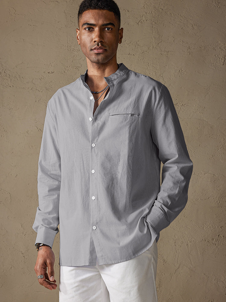 Cotton Linen Stand Collar Button Casual Shirt