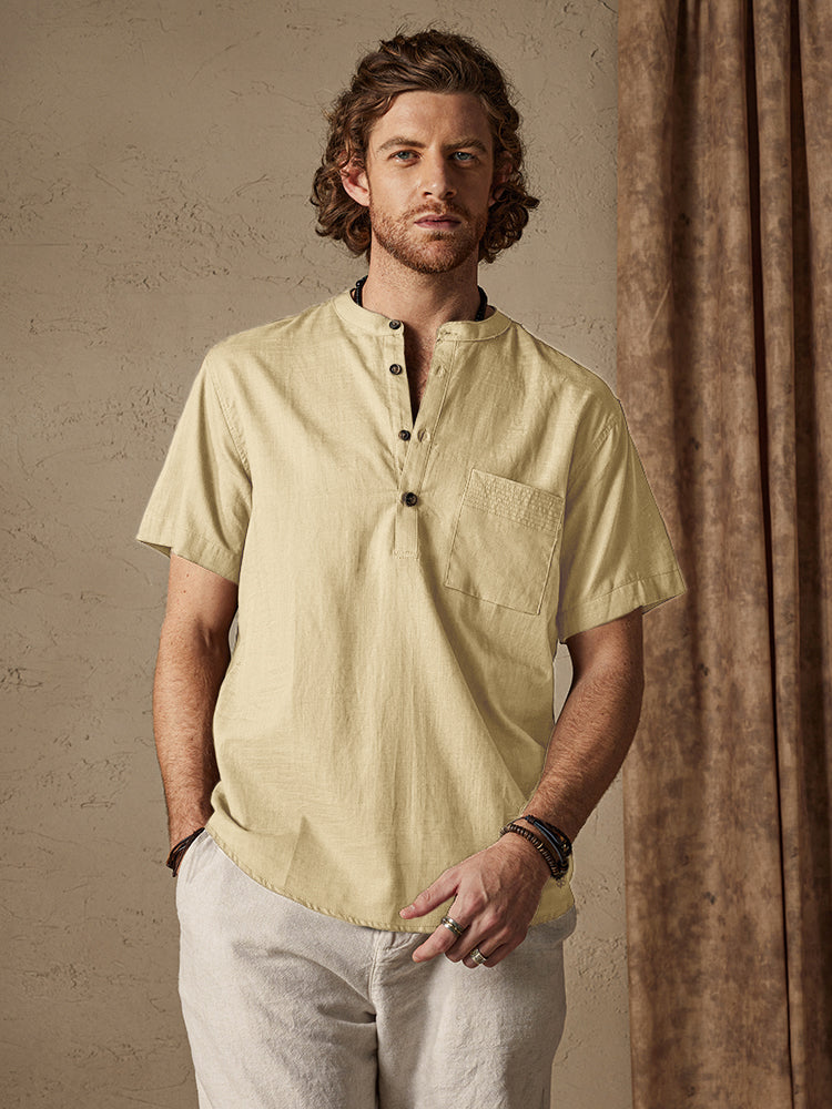 Casual Cotton and Linen Henley Shirt with Pocket