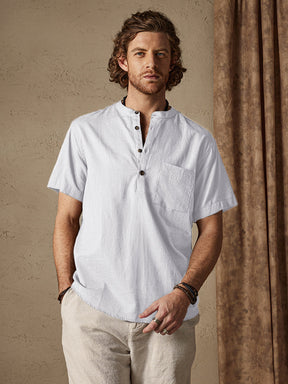 Casual Cotton and Linen Henley Shirt with Pocket