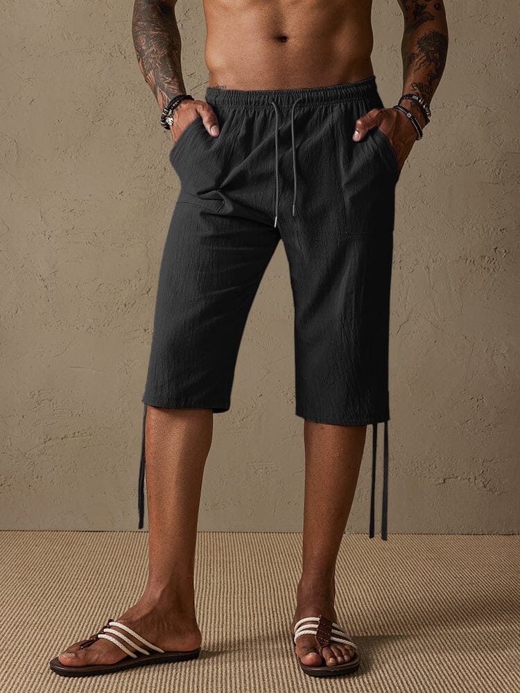 Cotton Linen Casual Drawstring Shorts Pants coofandystore Black M 