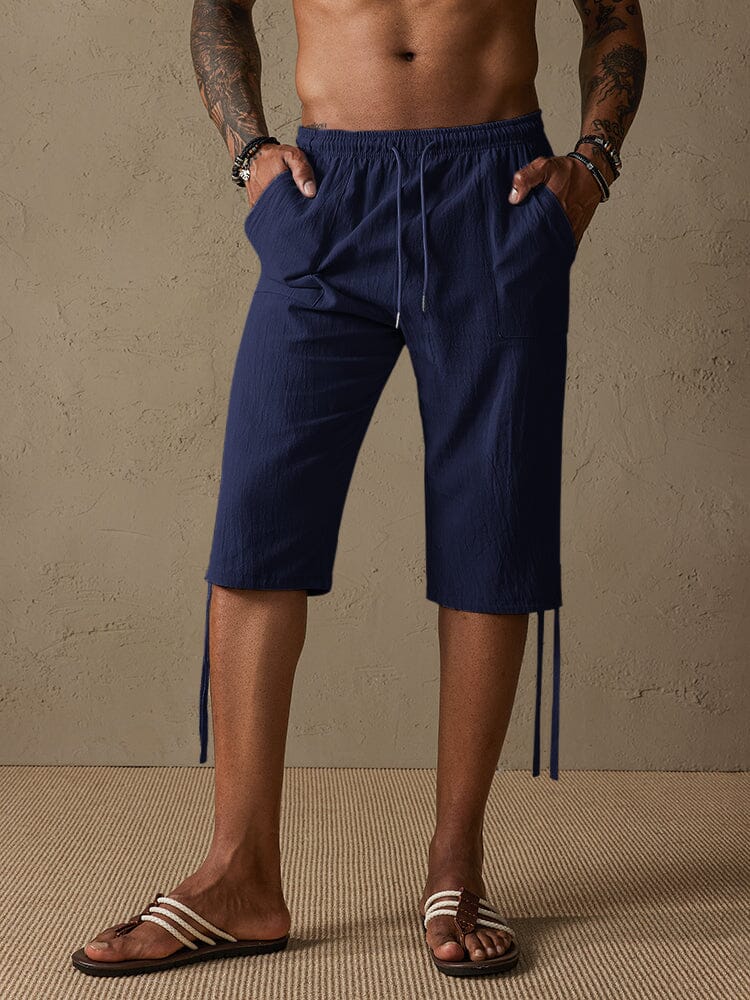 Cotton Linen Casual Drawstring Shorts Pants coofandystore Navy Blue M 