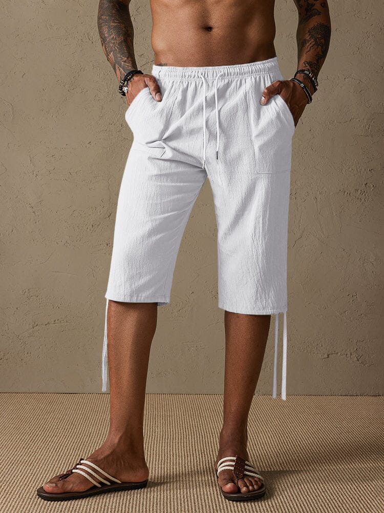 Cotton Linen Casual Drawstring Shorts Pants coofandystore White M 