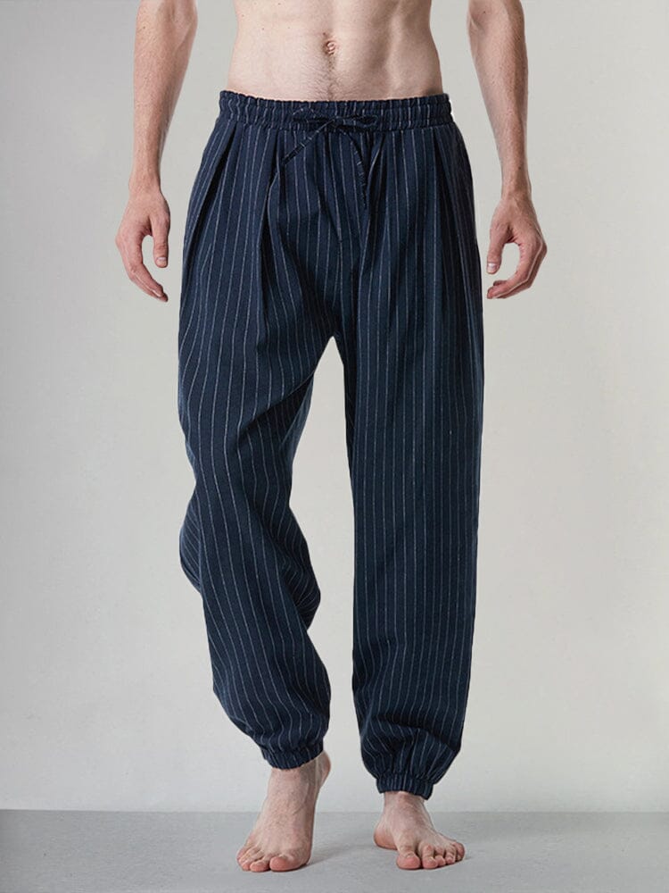 Casual Stripe Elastic Waist Cotton Linen Pants Pants coofandystore Navy Bue S 