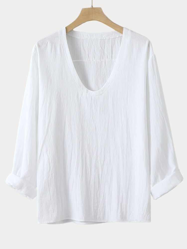 Casual Solid V-neck Cotton Linen Top