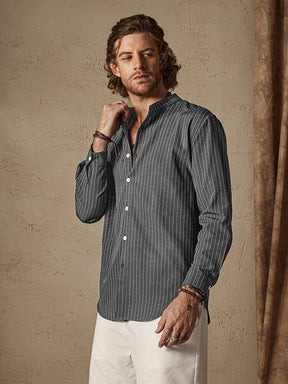 Casual Stand Collar Stripe Cotton Linen Shirt Shirts coofandystore Dark Grey S 