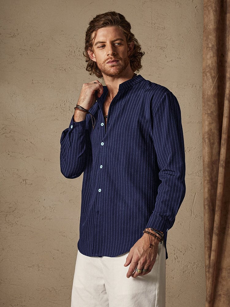 Casual Stand Collar Stripe Cotton Linen Shirt Shirts coofandystore Navy Blue S 