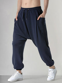 Casual Solid Sports Drop Crotch Pants Pants coofandystore Navy Blue S 