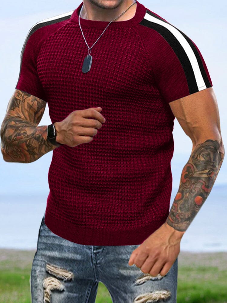 Casual Waffle Splicing Knitted Top T-Shirt coofandystore Wine Red S 