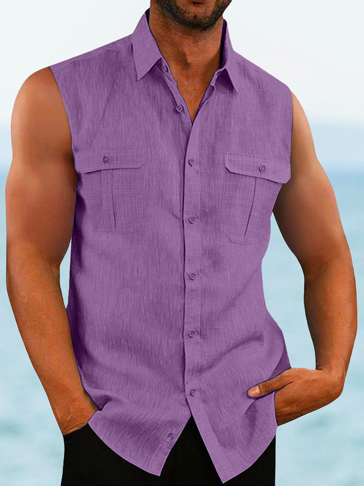 Solid Cotton Linen Sleeveless Shirt