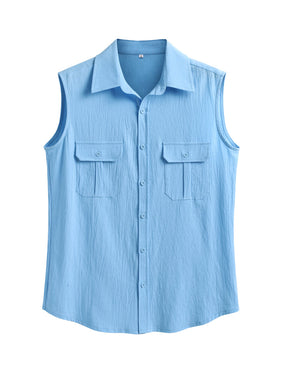 Cotton Linen Sleeveless Button Shirt with Pockets
