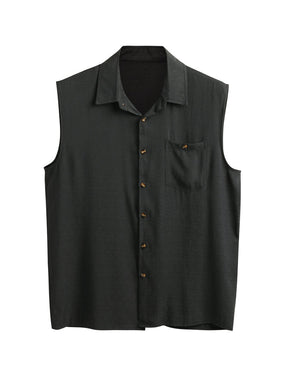 Solid Button Sleeveless Cotton Linen Casual Shirt