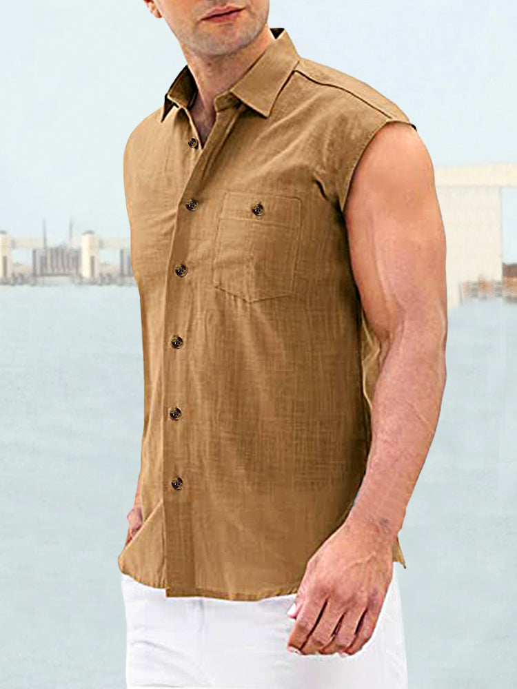 Solid Button Sleeveless Shirt