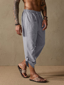 Linen Style Button Hem Capri Pants Pants coofandystore Grey S 