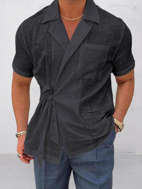 Lapel Cotton Linen Short Sleeve Shirt Shirts coofandystore Black M 
