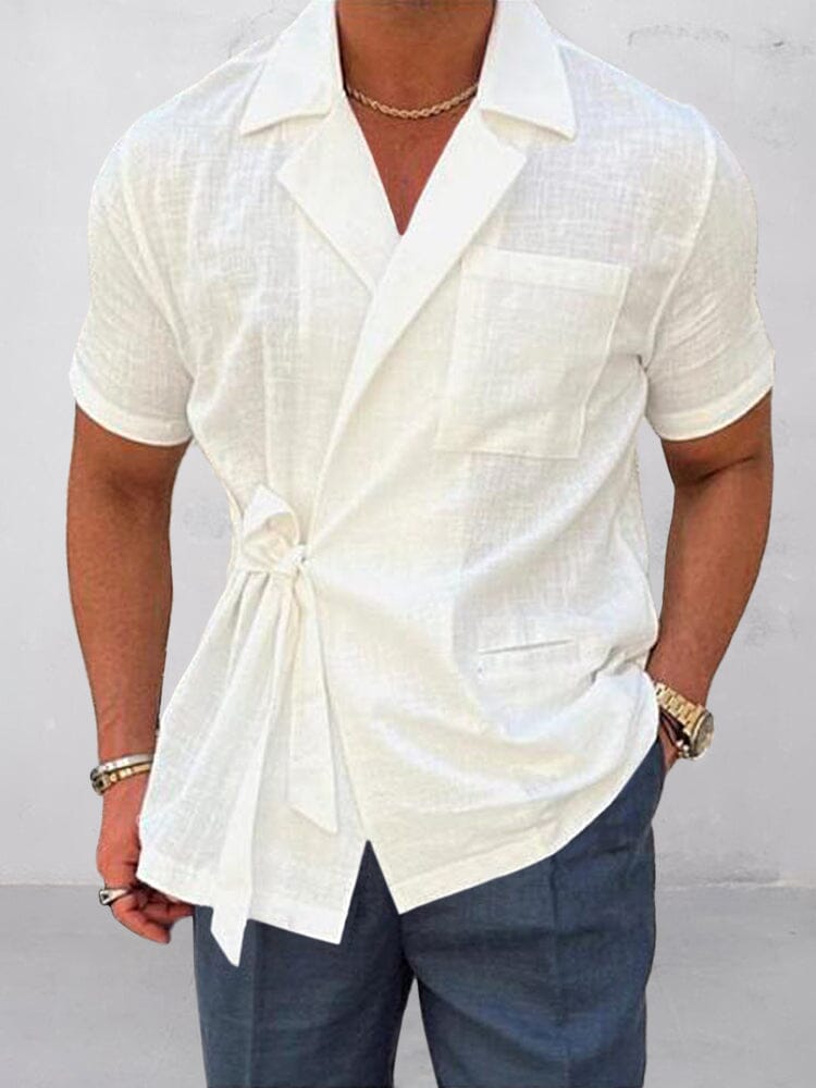 Lapel Cotton Linen Short Sleeve Shirt Shirts coofandystore White M 