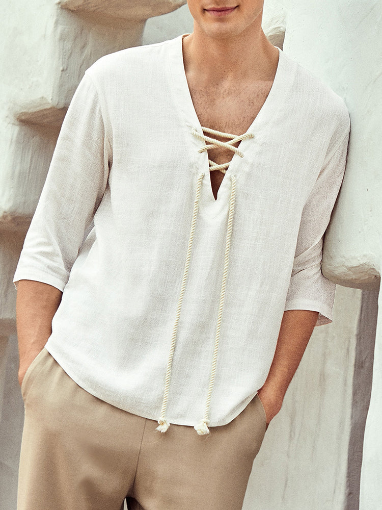Linen Style V Neck Casual Shirts
