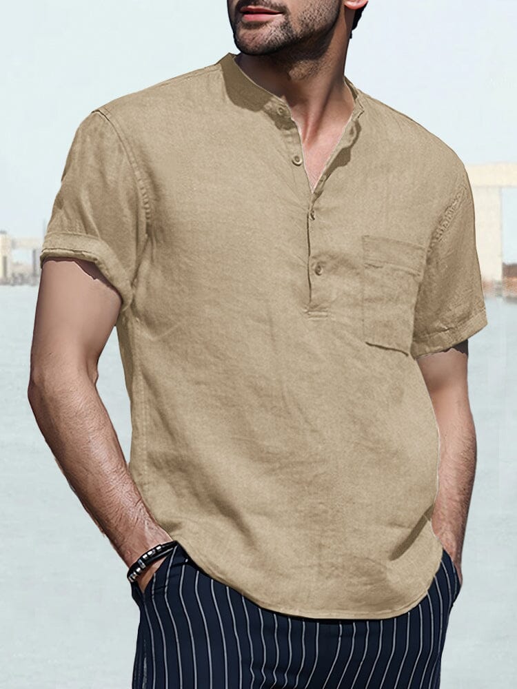 Linen Style Short Sleeves Casual Shirt Shirts coofandystore Khaki S 